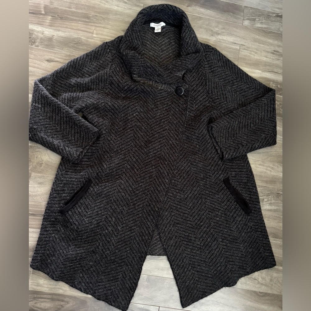 Wool Blend Long Cardigan Coat Jacket Herringbone Cross Neck 2X Pockets Unlined